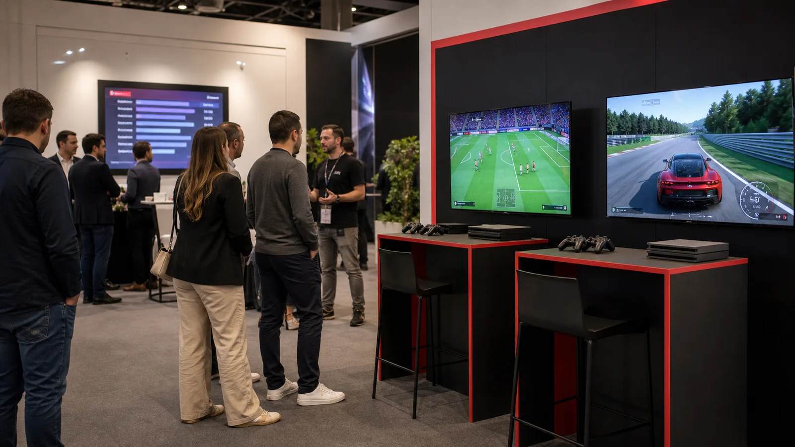 Zona gaming con consolas para evento competitivo