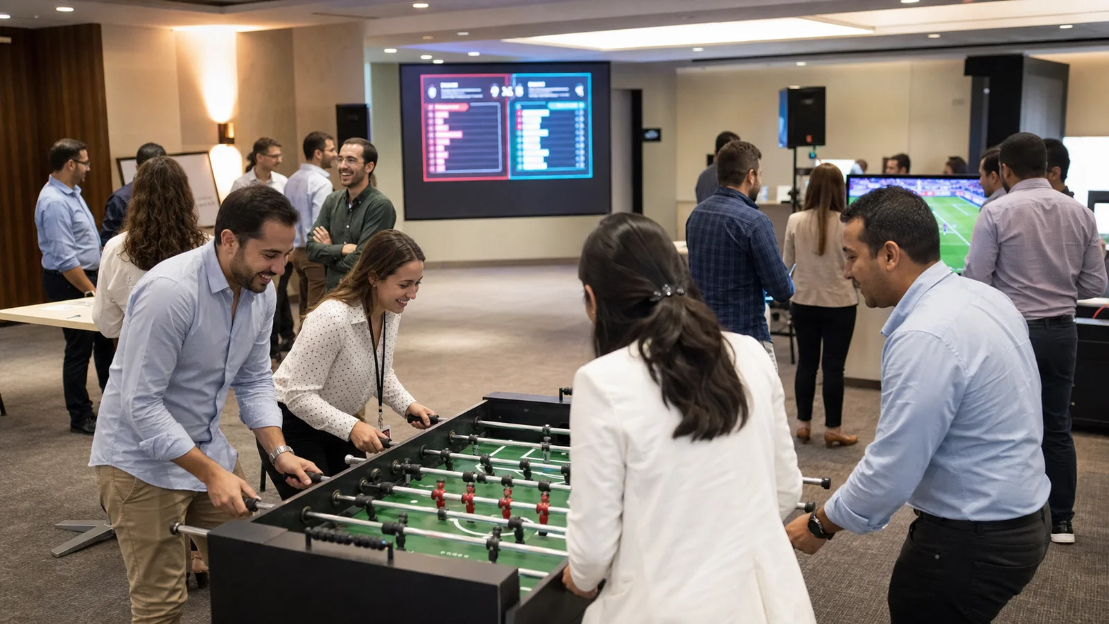 Compañeros compartiendo una dinámica de equipo en un evento corporativo